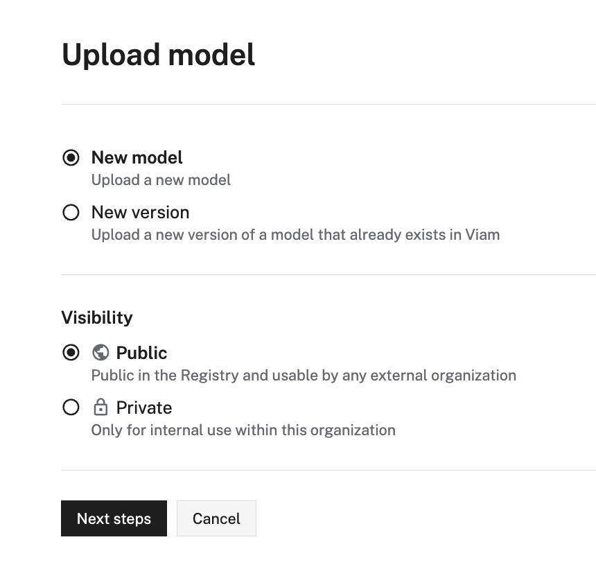 Upload model menu on the DATA tab of the Viam app.