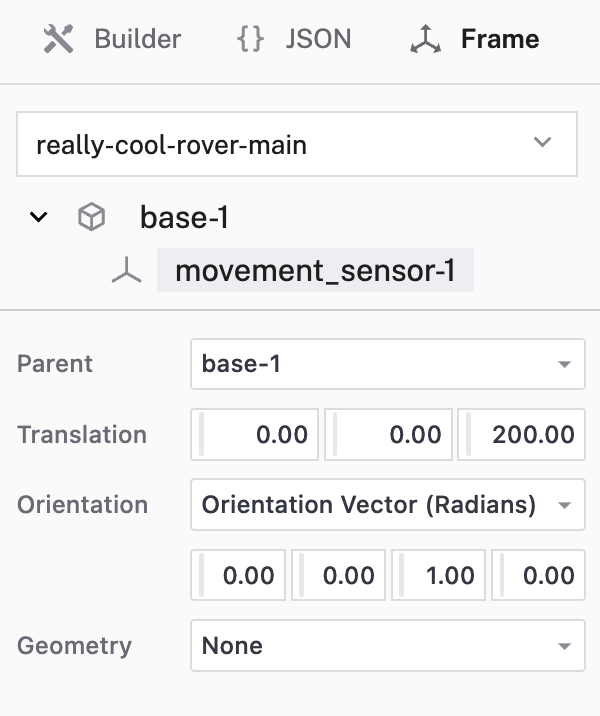 The frame card for the movement sensor in the Viam app config builder.