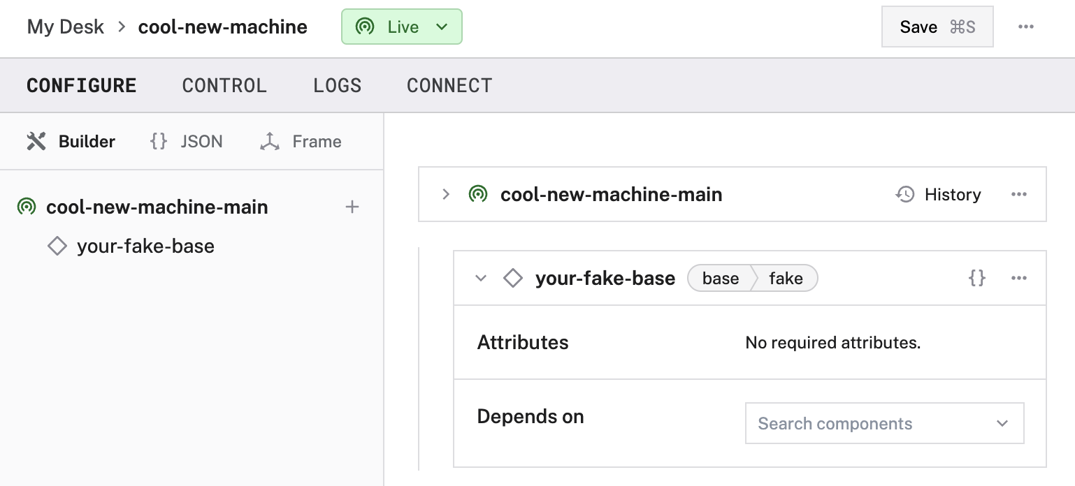 An example configuration for a fake base in the Viam app Config Builder.