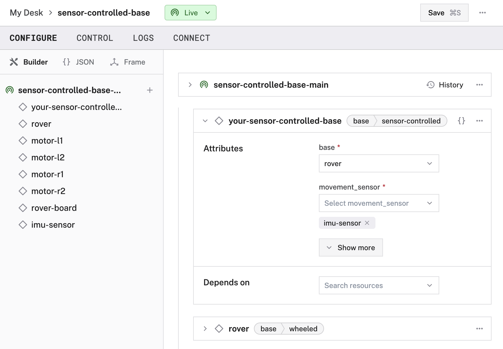 An example configuration for a sensor-controlled base in the Viam app config builder