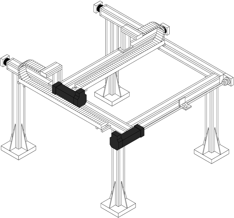Example of what a multi-axis robot gantry looks like as a black and white illustration of an XX YY mechanical gantry.