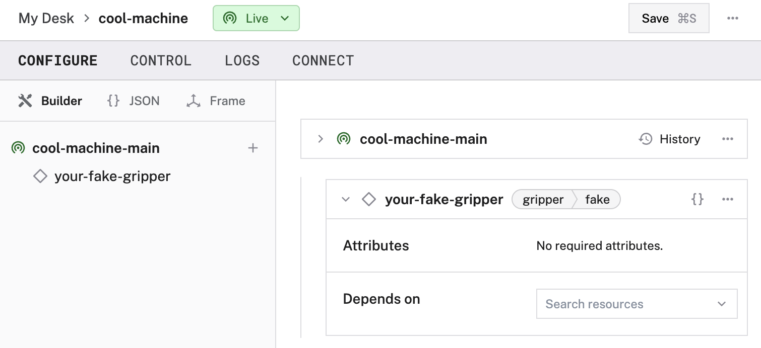 An example configuration for a fake gripper in the Viam app Config Builder.