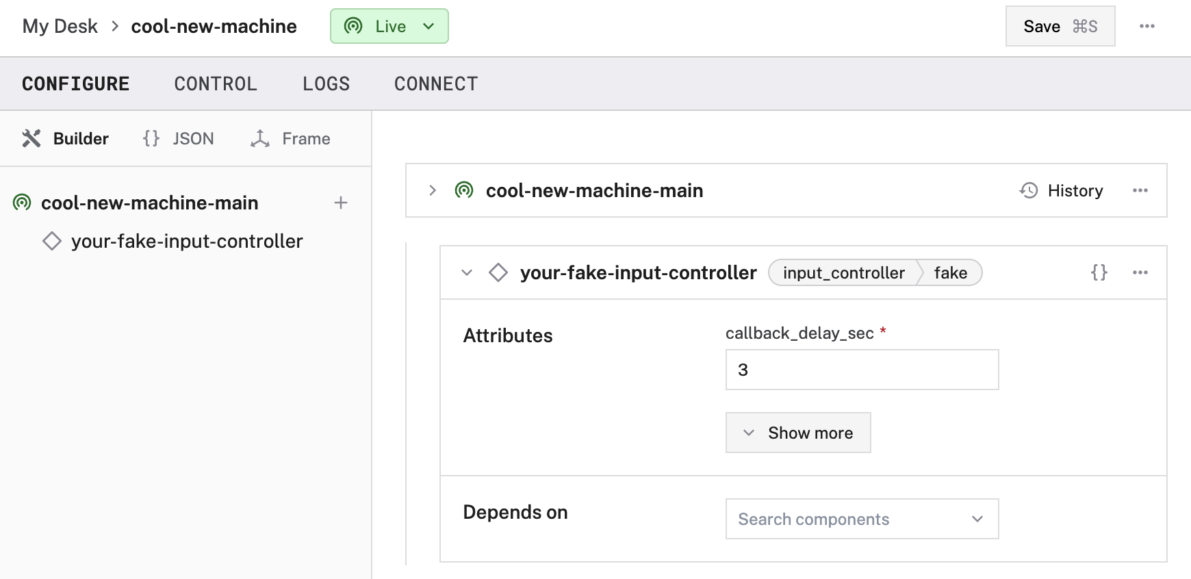 An example configuration for a fake input controller component in the Viam App config builder.