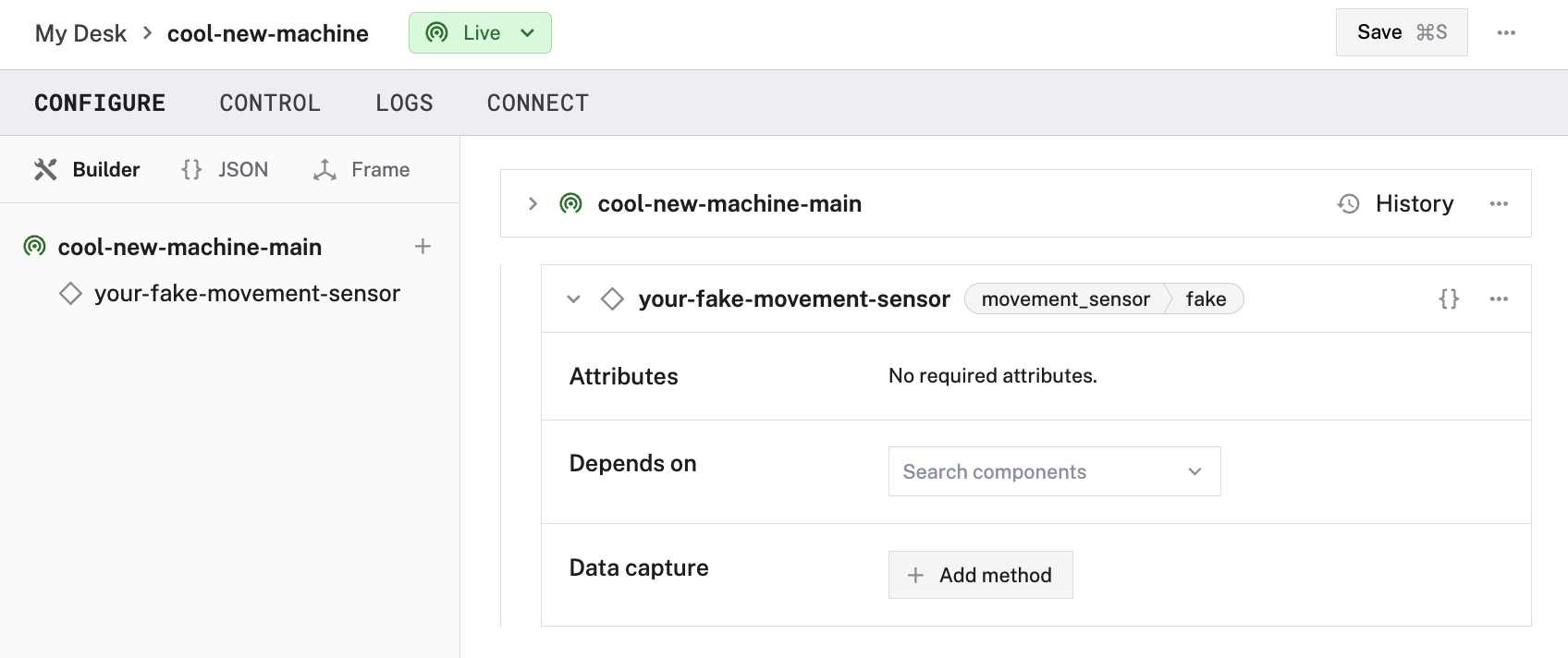 Creation of an `fake` movement sensor in the Viam app config builder.