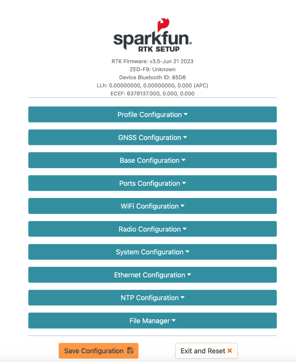 The SparkFun RTK Setup configure page displayed with dropdown menu rows showing different options for configuration.