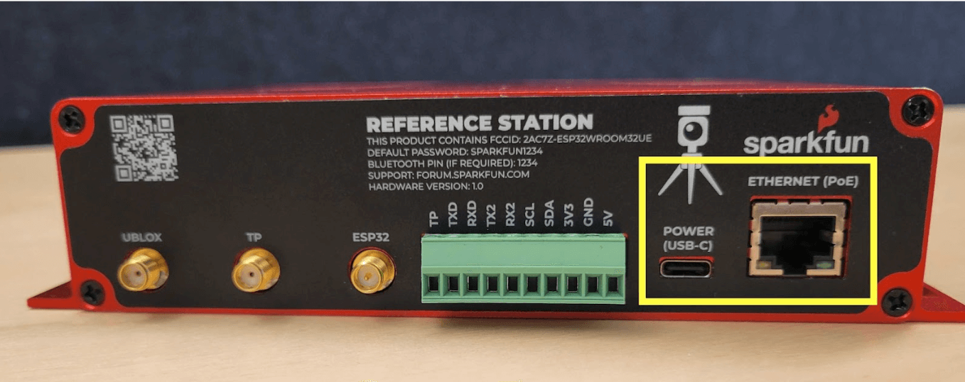 Power and PoE ports highlighted on reference station.