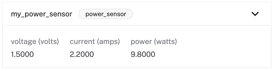 An instance of the power sensor component in the control tab with voltage, current, and power readings