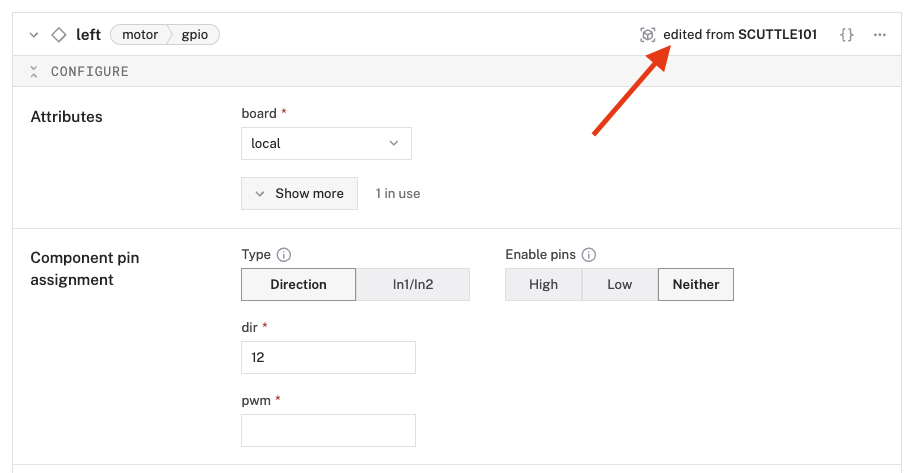 A motor config card with “edited from SCUTTLE101” in the upper right corner.