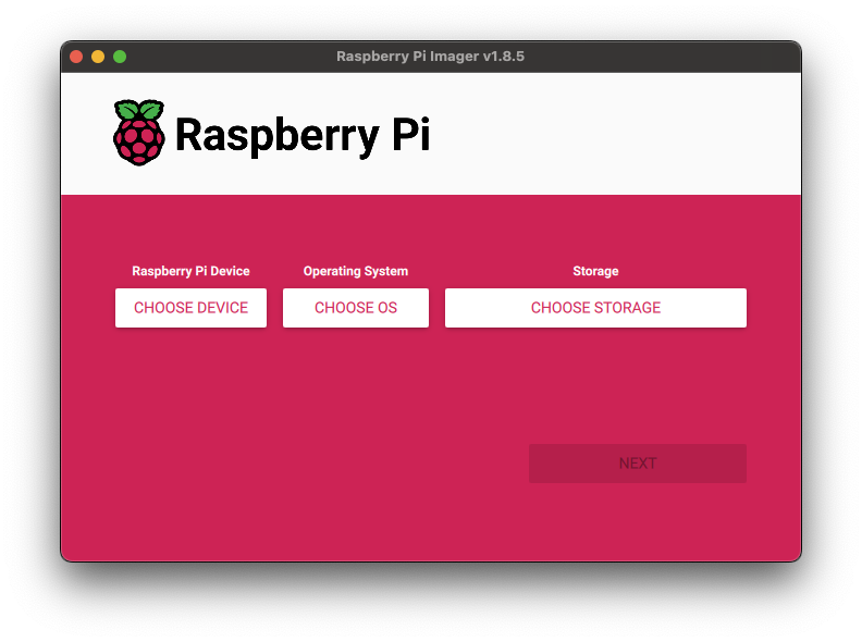 Raspberry Pi Imager launcher window showing a 'Choose OS' and 'Choose Storage' buttons.