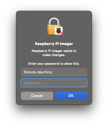 macOS admin password confirmation screen.