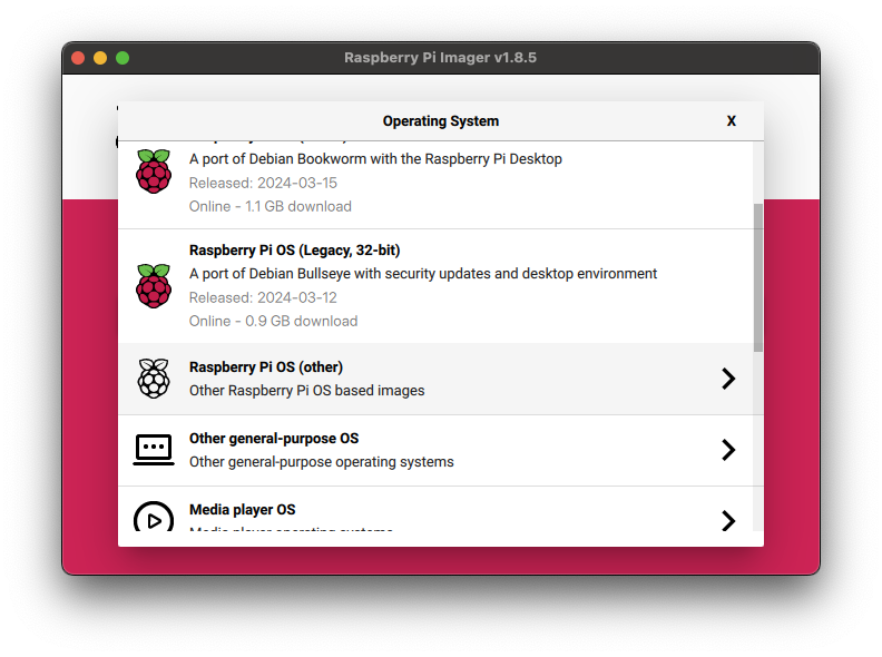 Raspberry Pi Imager window showing Raspberry Pi OS (Other) is selected.