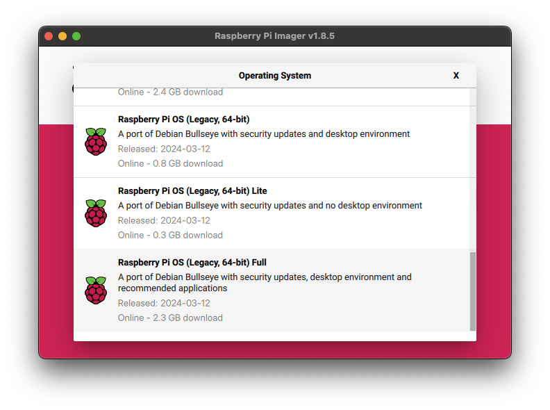Raspberry Pi Imager window showing Raspberry Pi OS (Legacy, 64-bit) Full is selected.