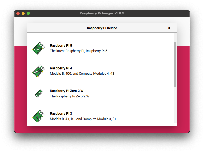 Raspberry Pi Imager window showing available pi models.