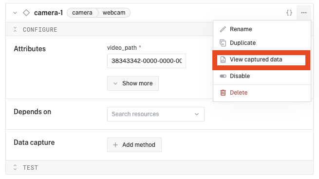 View captured data option in the component menu