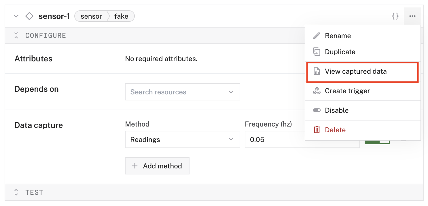 View captured data option in the component menu