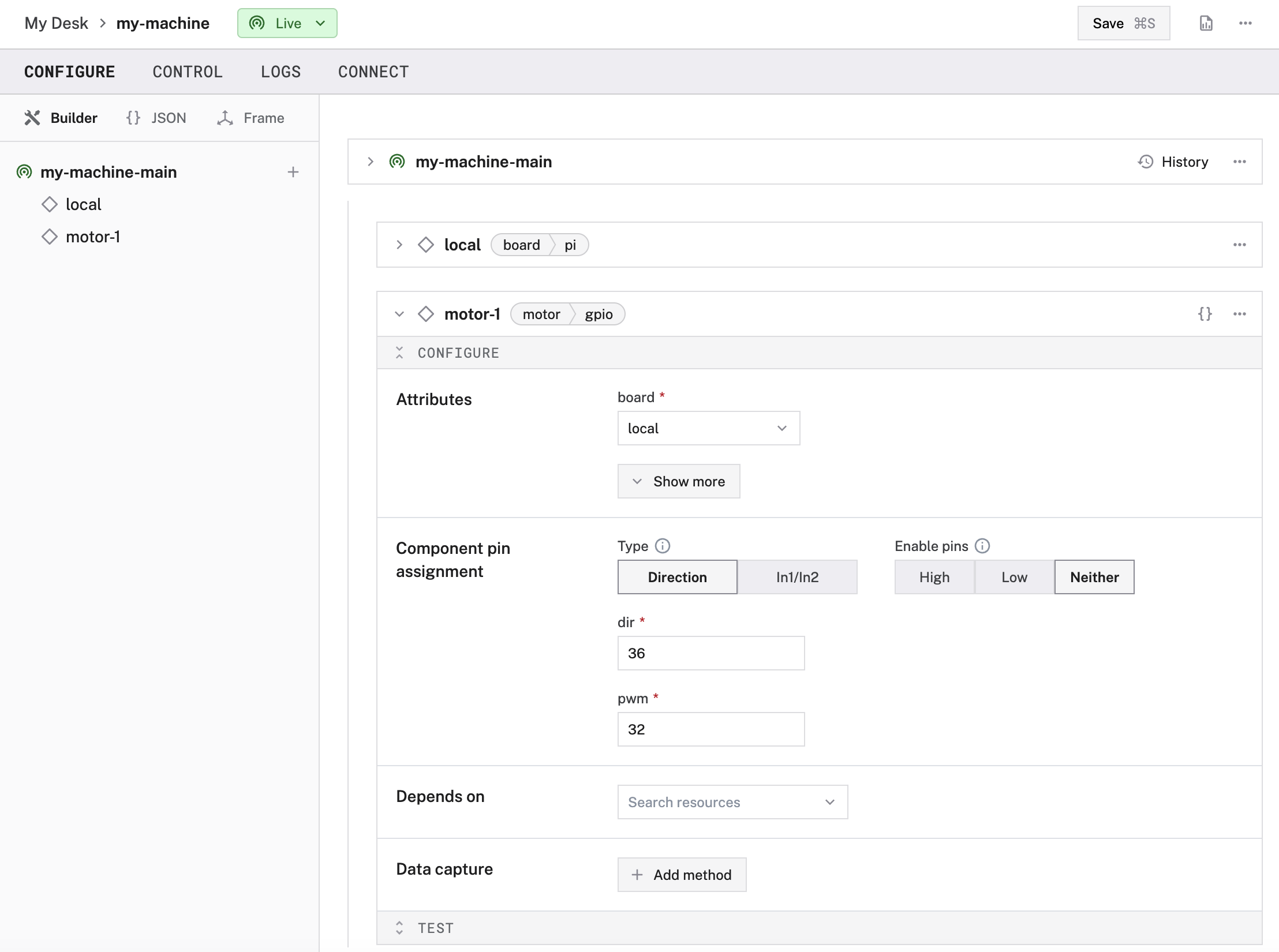 The CONFIGURE tab of the Viam app populated with a configured gpio motor.