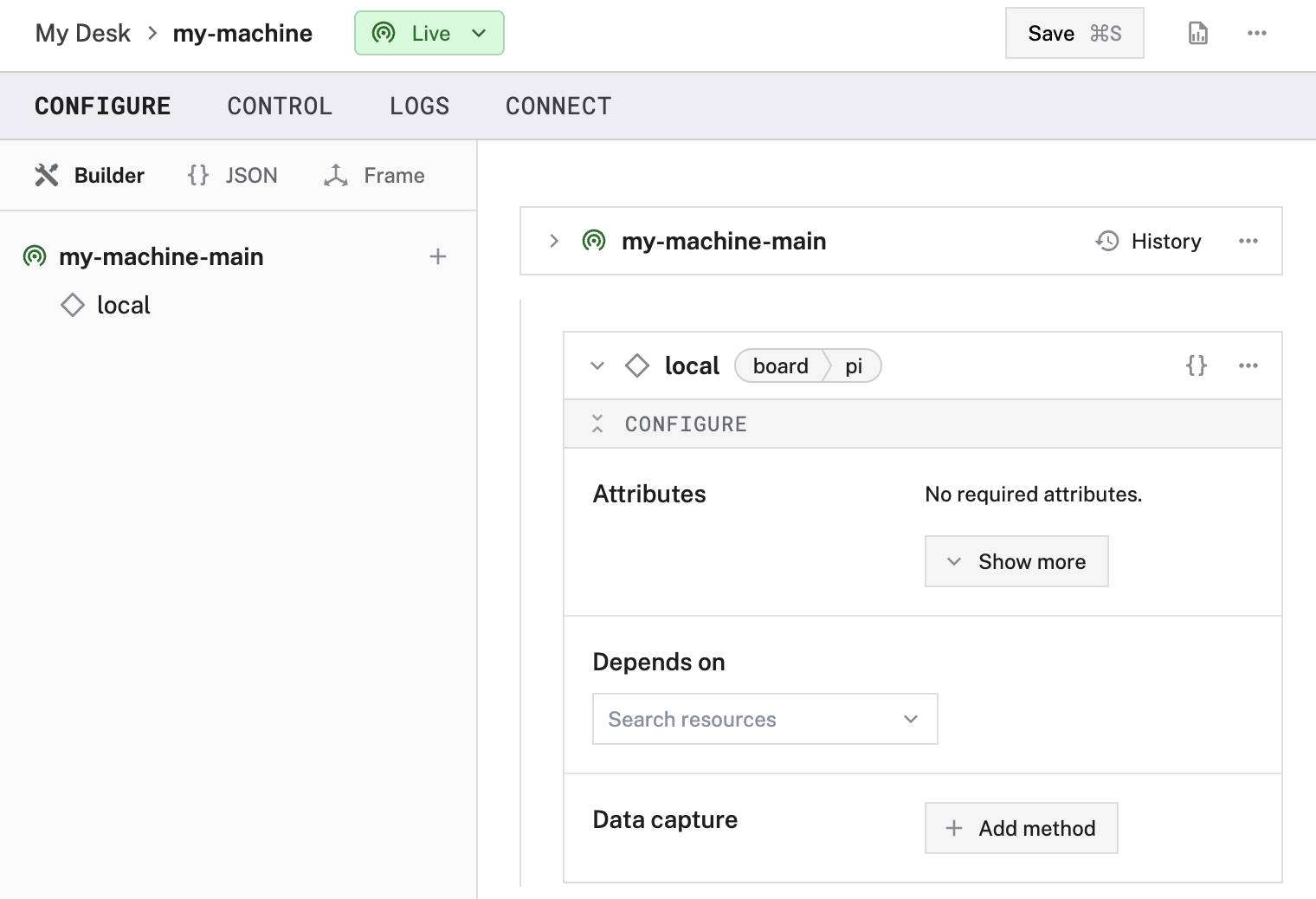 An example board configuration in the app builder UI. The name (local), type (board) and model (pi) are shown. No other attributes are configured.