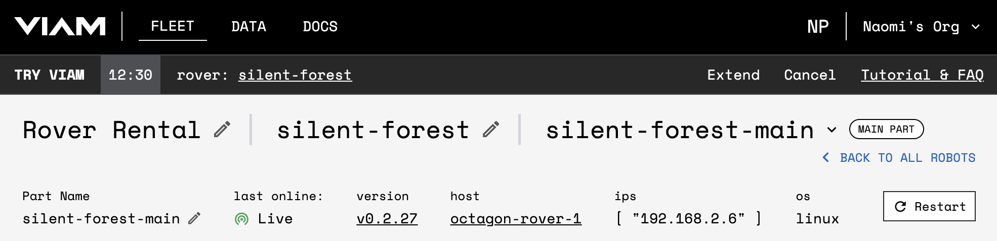 The top banner of a Try Viam rover machine page. The randomly generated name for this rover is ‘silent-forest’