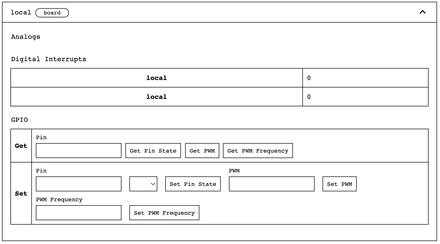 The board panel in the CONTROL tab, including fields to get and set GPIO pin states.