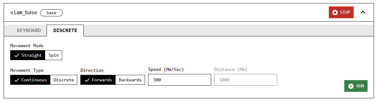 The DISCRETE tab of the viam_base component panel. Movement mode, movement type, and direction mode toggles are shown as well as a speed (mm/sec) field and a distance field (the latter of which is greyed out because the movement type toggle is set to continuous instead of discrete movement).