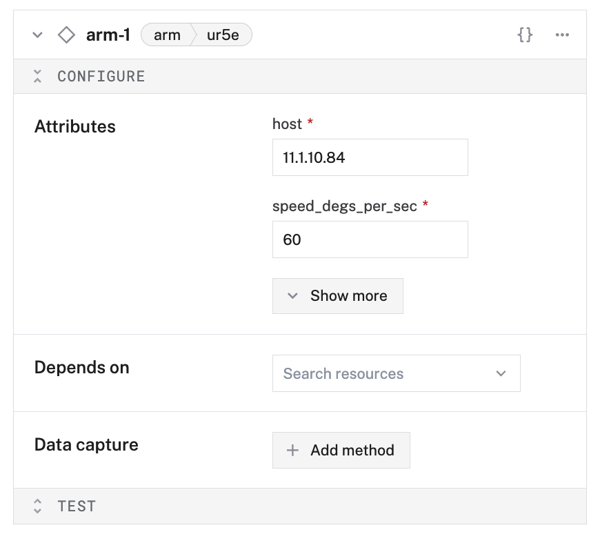 Configuration builder UI with a blank arm component