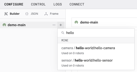 The create a component menu open, searching for hello. The hello-camera and hello-sensor components are shown in the search results.