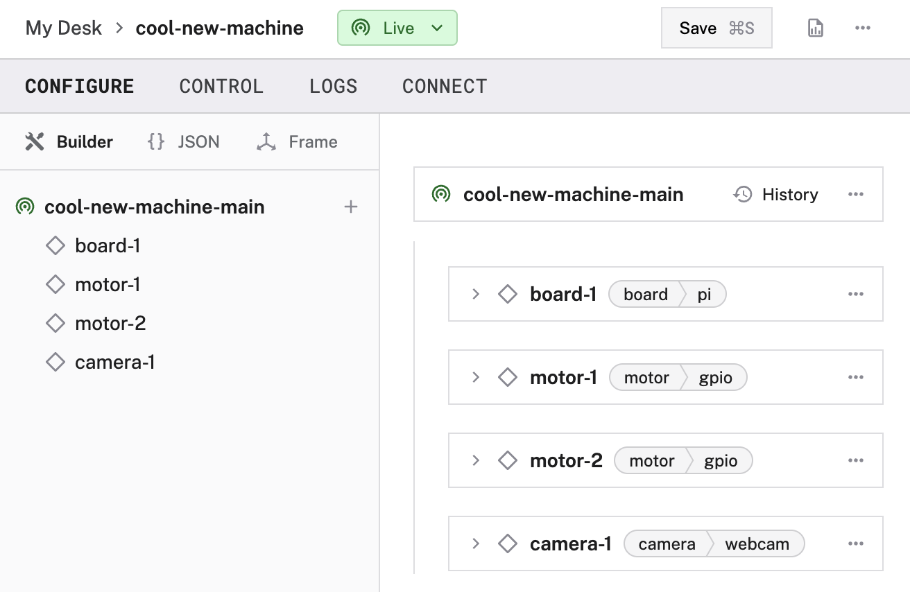 A machine on the CONFIGURE tab with a board, two motors, and a camera