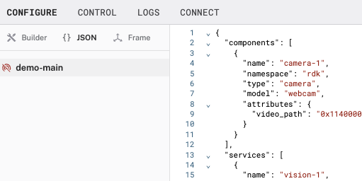 JSON subtab of the CONFIGURE tab