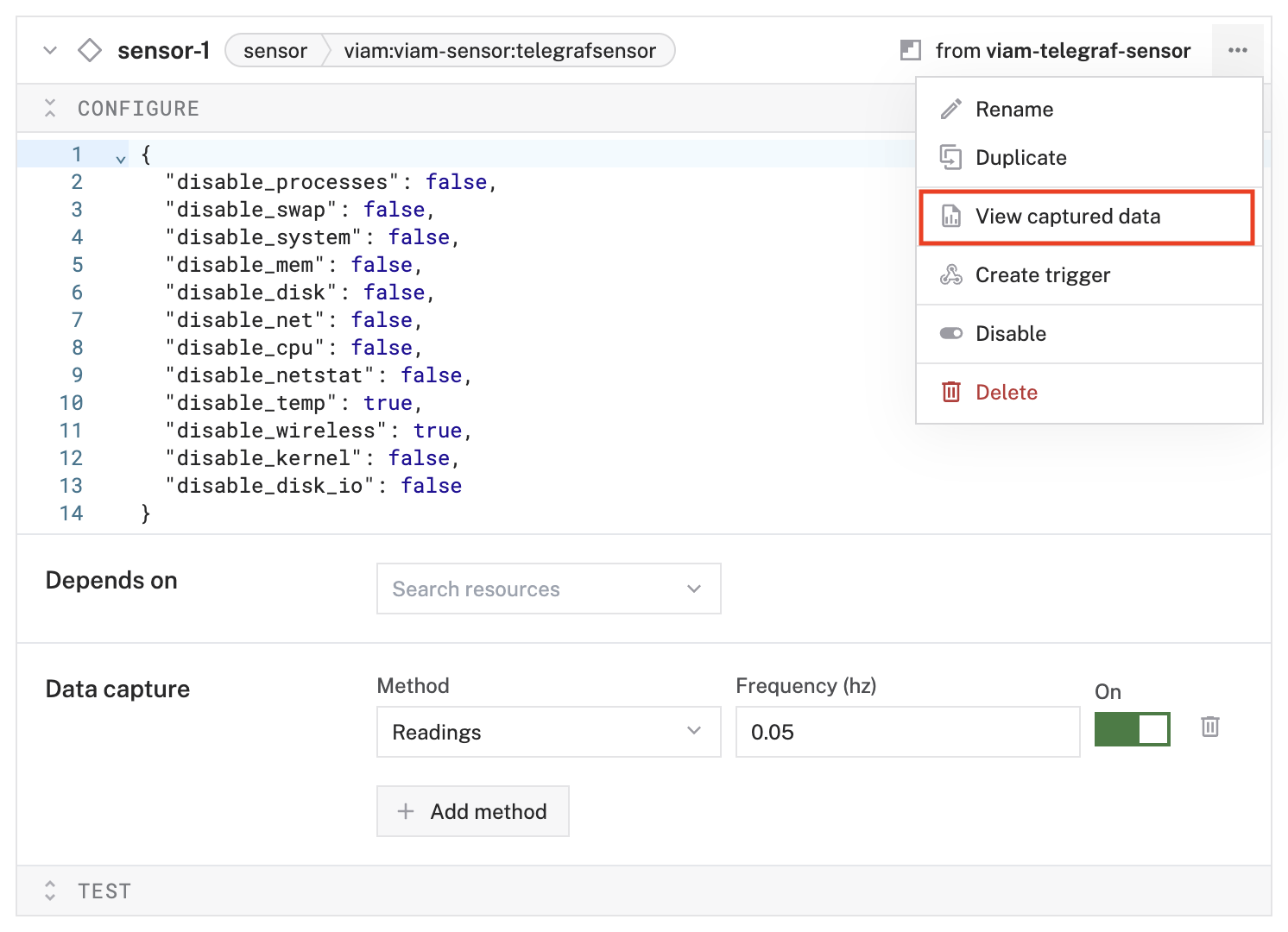 View captured data option in the component menu