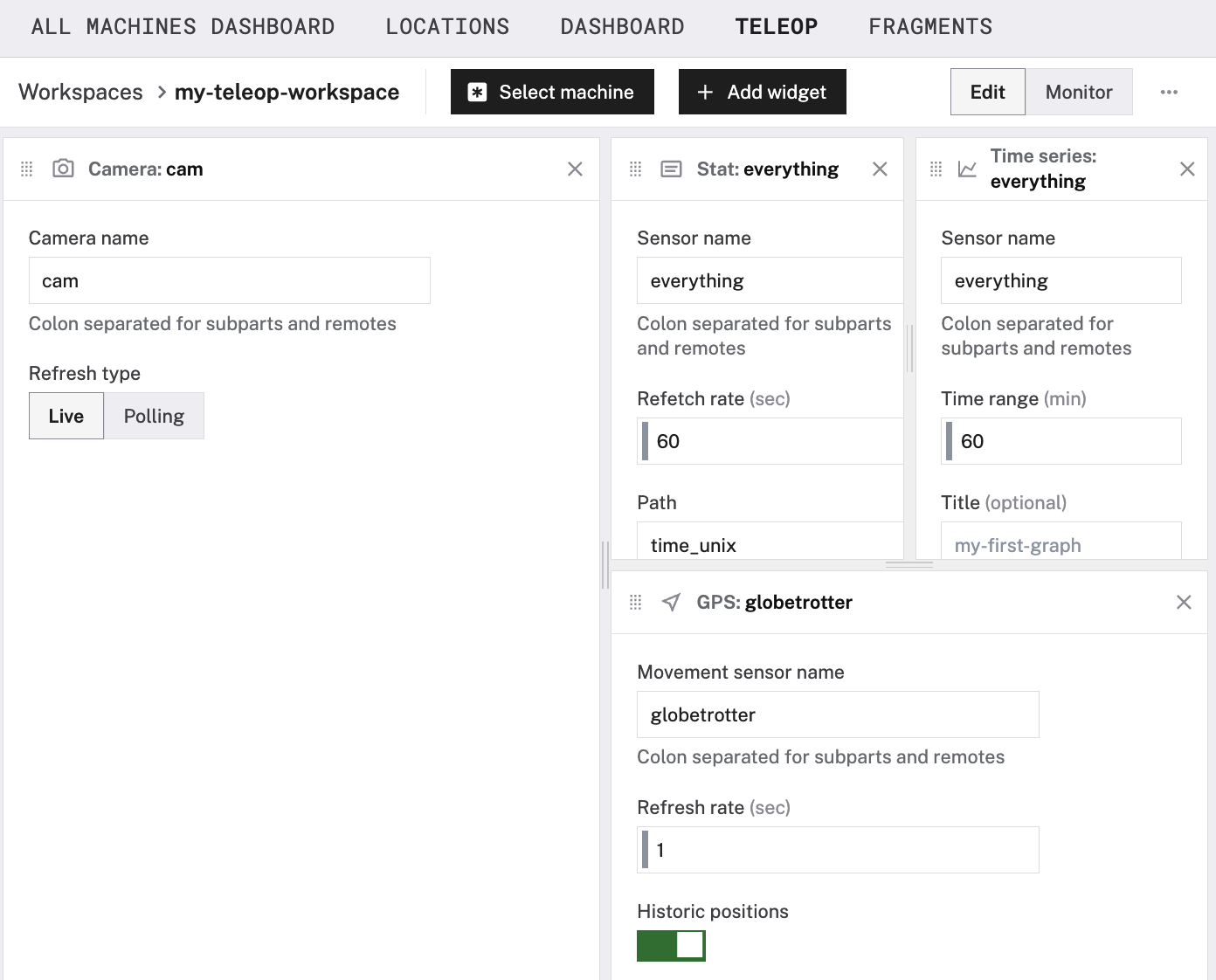 Teleop workspace with values configured for each of the four widgets.