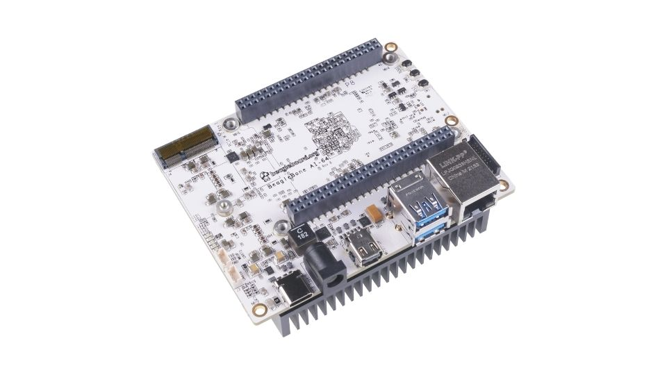 The front of a BeagleBone AI-64 single-board computer at a 45° angle.