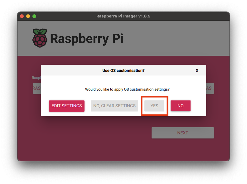 Raspberry Pi Imager window showing gear-shaped settings icon is selected.