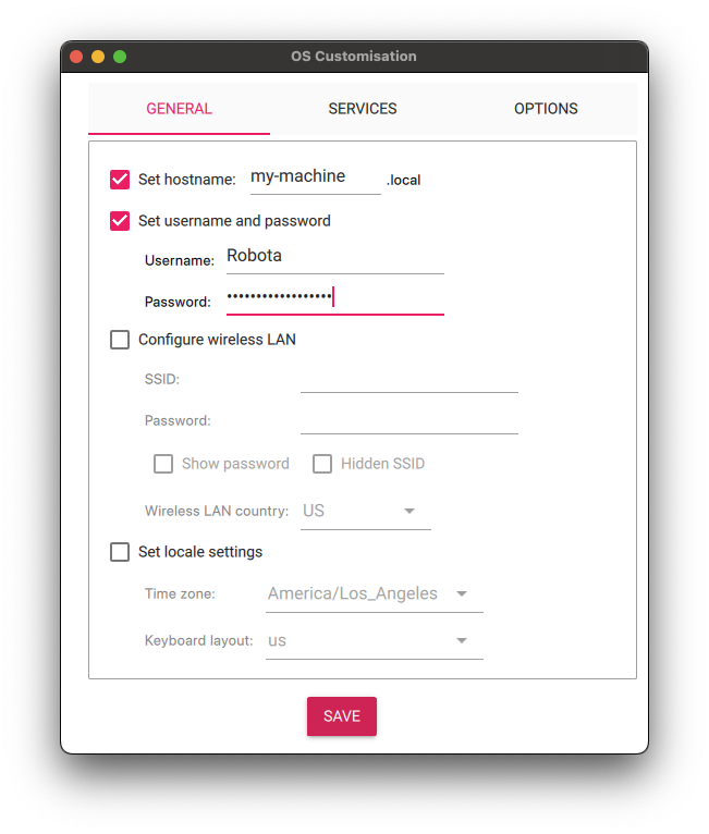 Raspberry Pi Imager window showing the 'Set username and password' option is selected. The user has entered username 'Robota' and some hidden password.