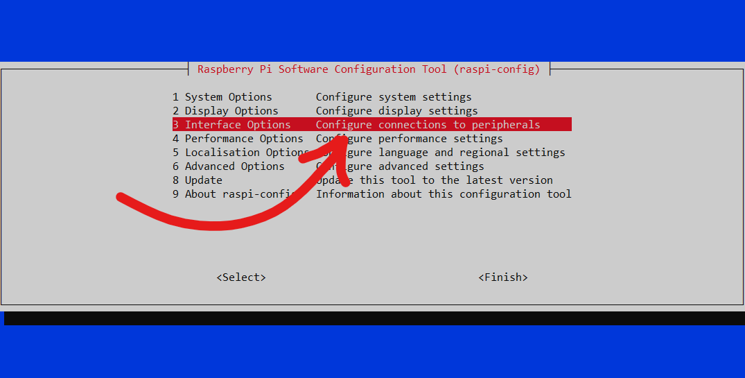 Screenshot of the Raspi Config screen with a red box and red arrow pointing to the '3 Interface Options' option where you can find the I2C and other drivers