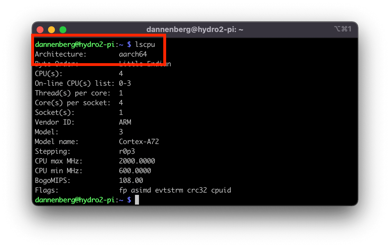 Screenshot of a terminal running the 'lscpu' command. The output lists of this command on a Raspberry Pi. A red box highlights the command and the top of the output which reads 'Architecture: aarch64.'