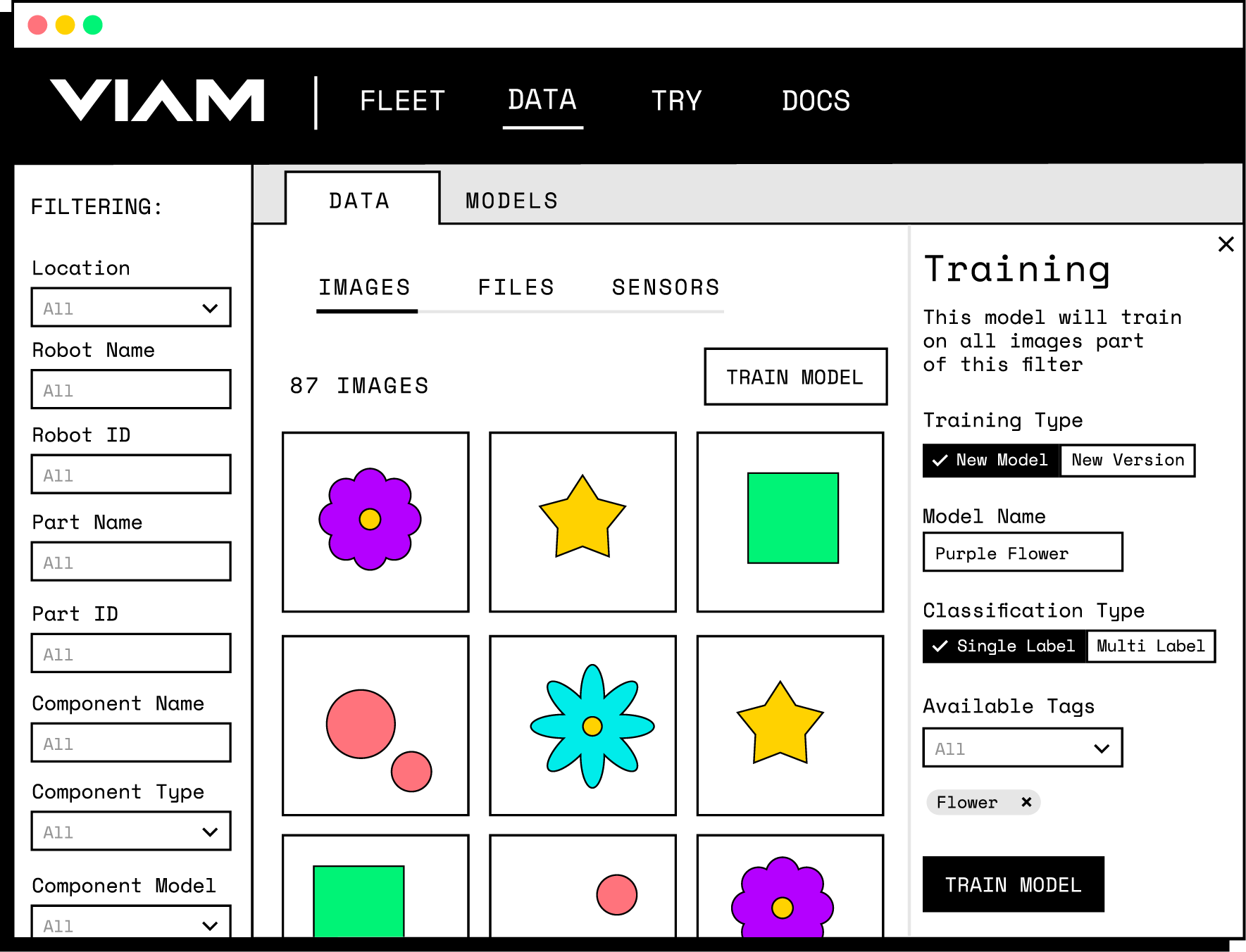 The data page of the Viam app showing a gallery of the images captured from the Viam Rover.