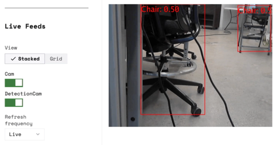 Viam app control tab interface showing bounding boxes around two office chairs, both labeled “chair” with confidence score “0.50.”