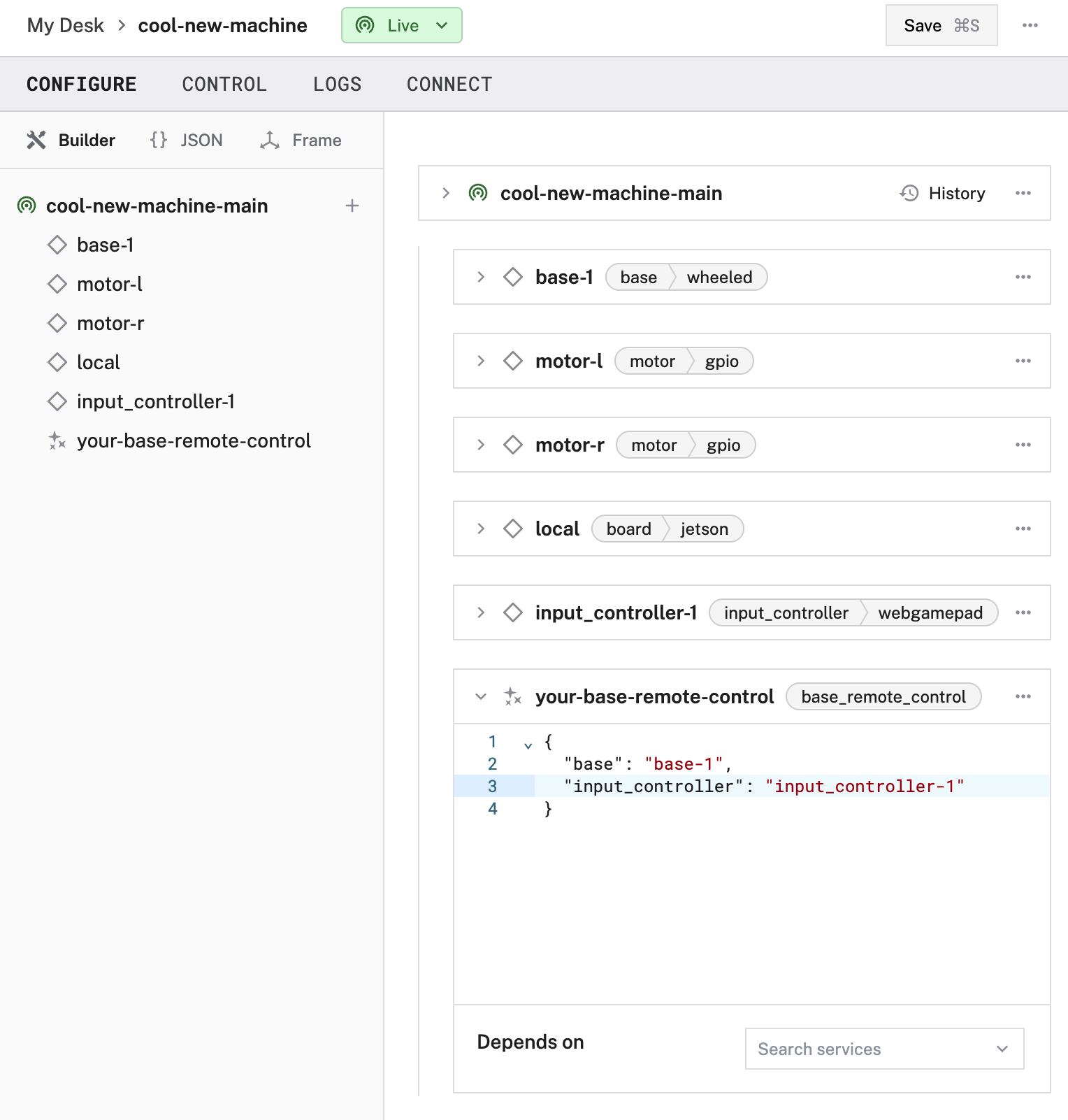 An example configuration for a base remote control service in the Viam app Config Builder.