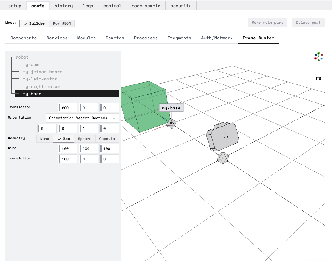 Demo robot with translated box bounds added to the wheeled base, shown in the Frame System Editor