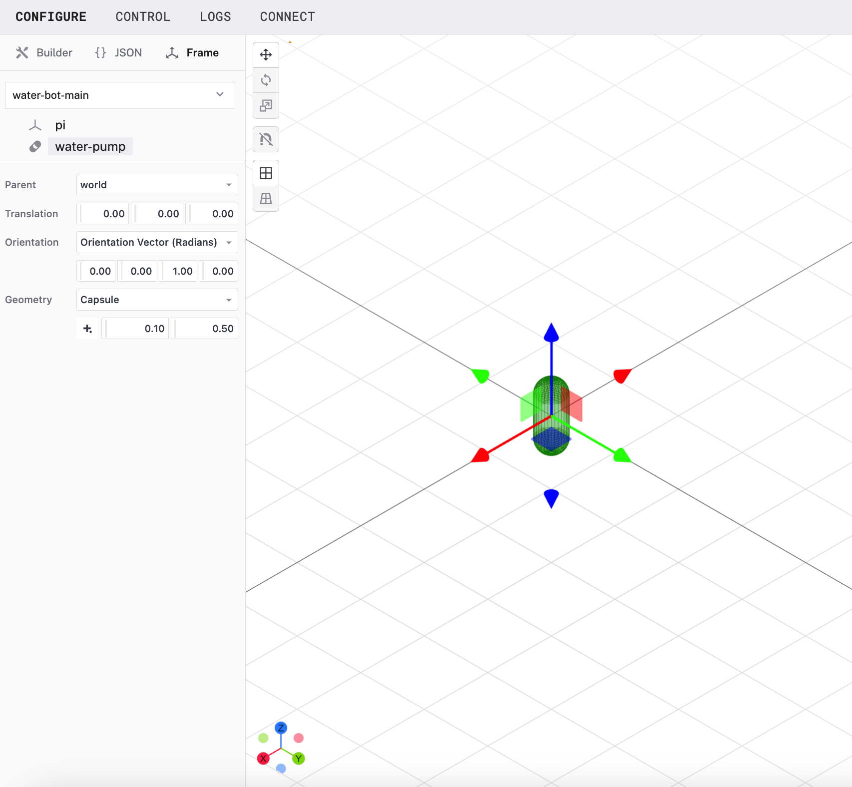 Default frame system configuration grid visualization for a single component, shown in the Frame System Editor