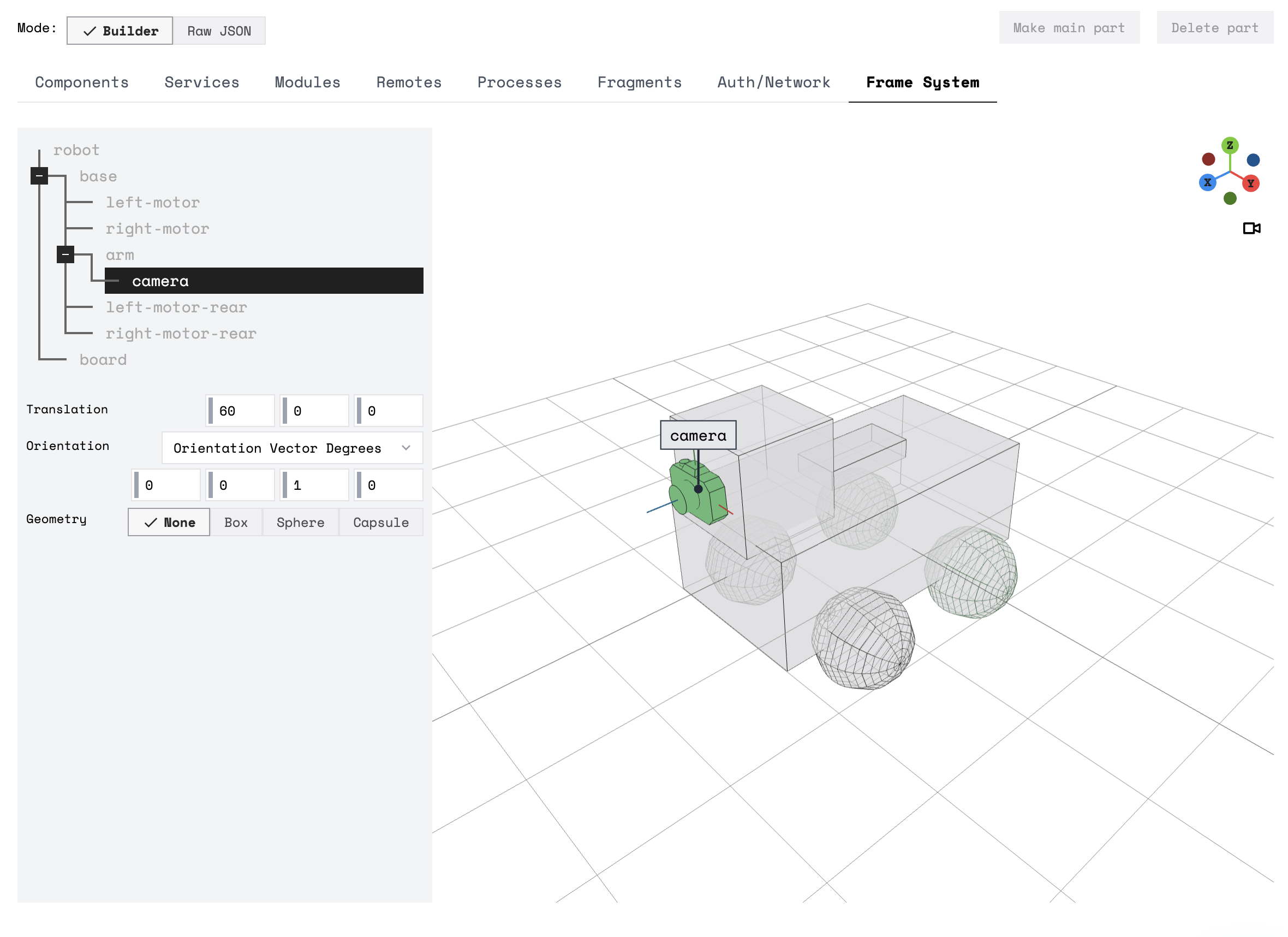 Visualization of a wheeled base configured with motors and a mounted camera in the frame system tab of the Viam app UI