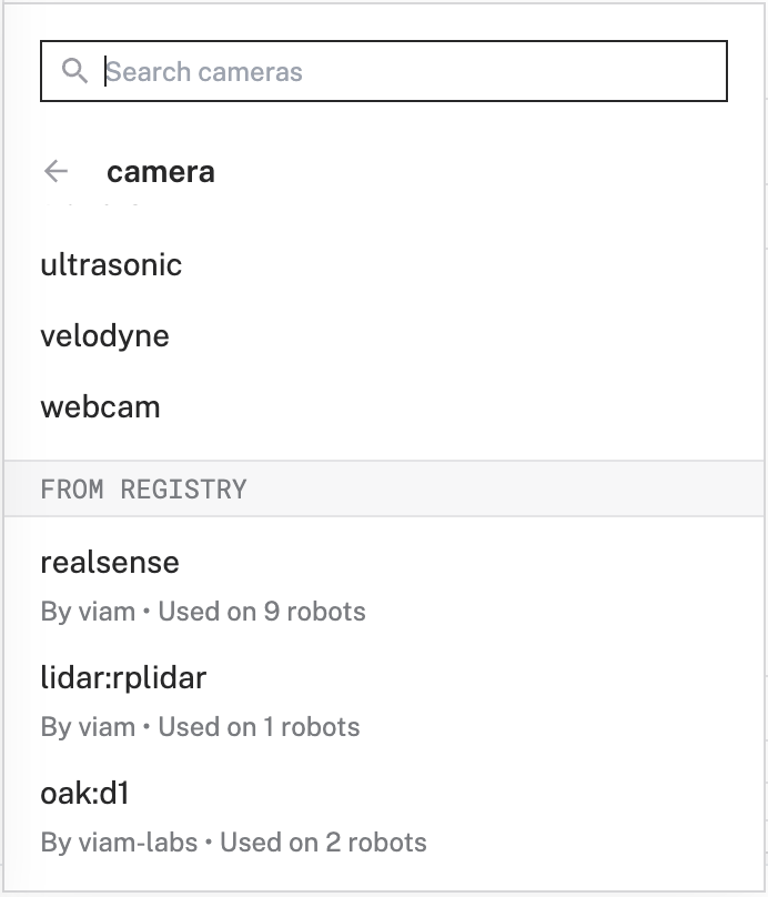 The add a component modal showing results for the intel realsense module when searching by the category 'camera'