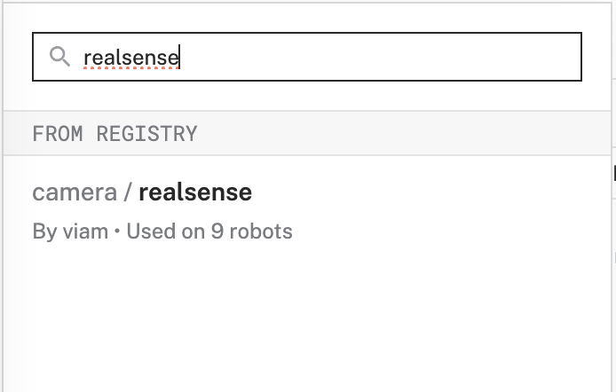 The add a component modal showing results for the intel realsense module when searching by the name 'realsense'