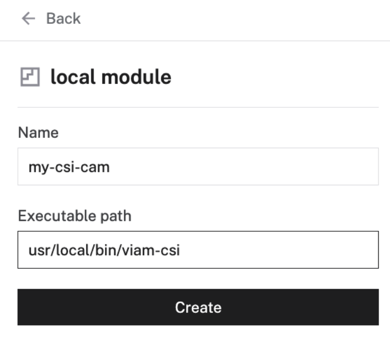 The add a local module pane with name 'my-csi-cam' and executable path '/usr/local/bin/viam-csi'
