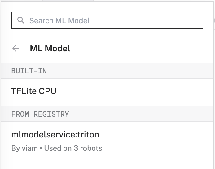 The add a component modal showing results for the mlmodelservice triton module when searching by the category 'ML Model'