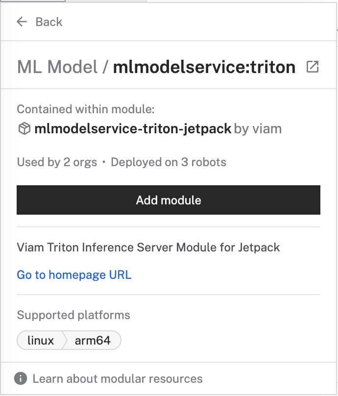 The add a component modal showing the mlmodelservice triton module pane, with the 'Add module' button shown
