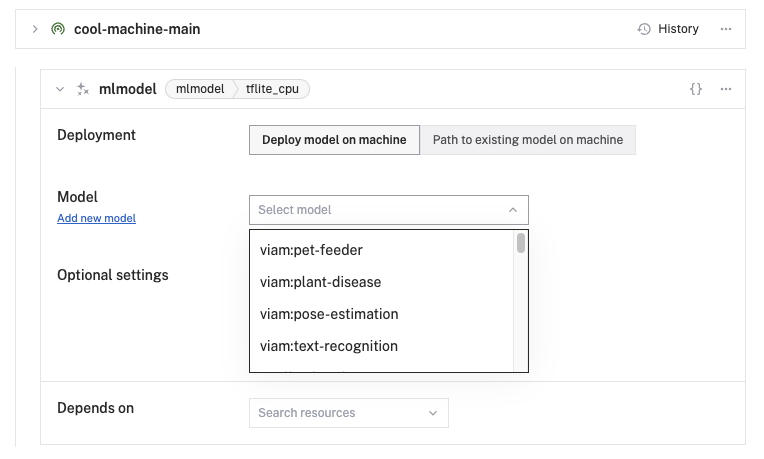 Models dropdown menu with models from the registry.