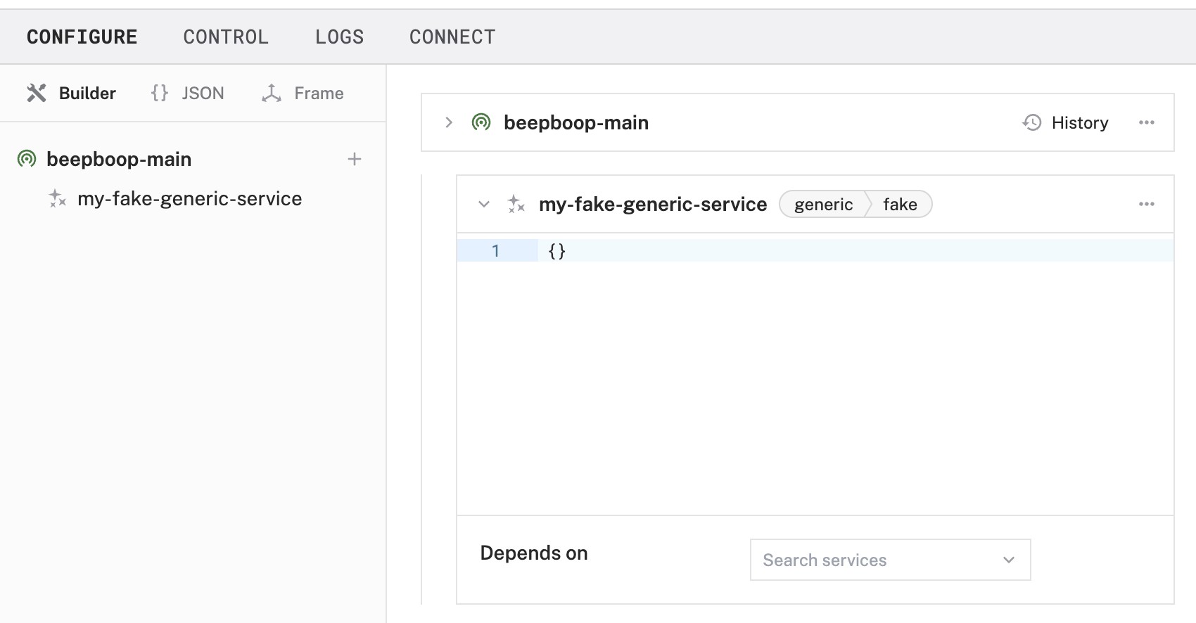 An example configuration for a fake generic service in the Viam app Config Builder.