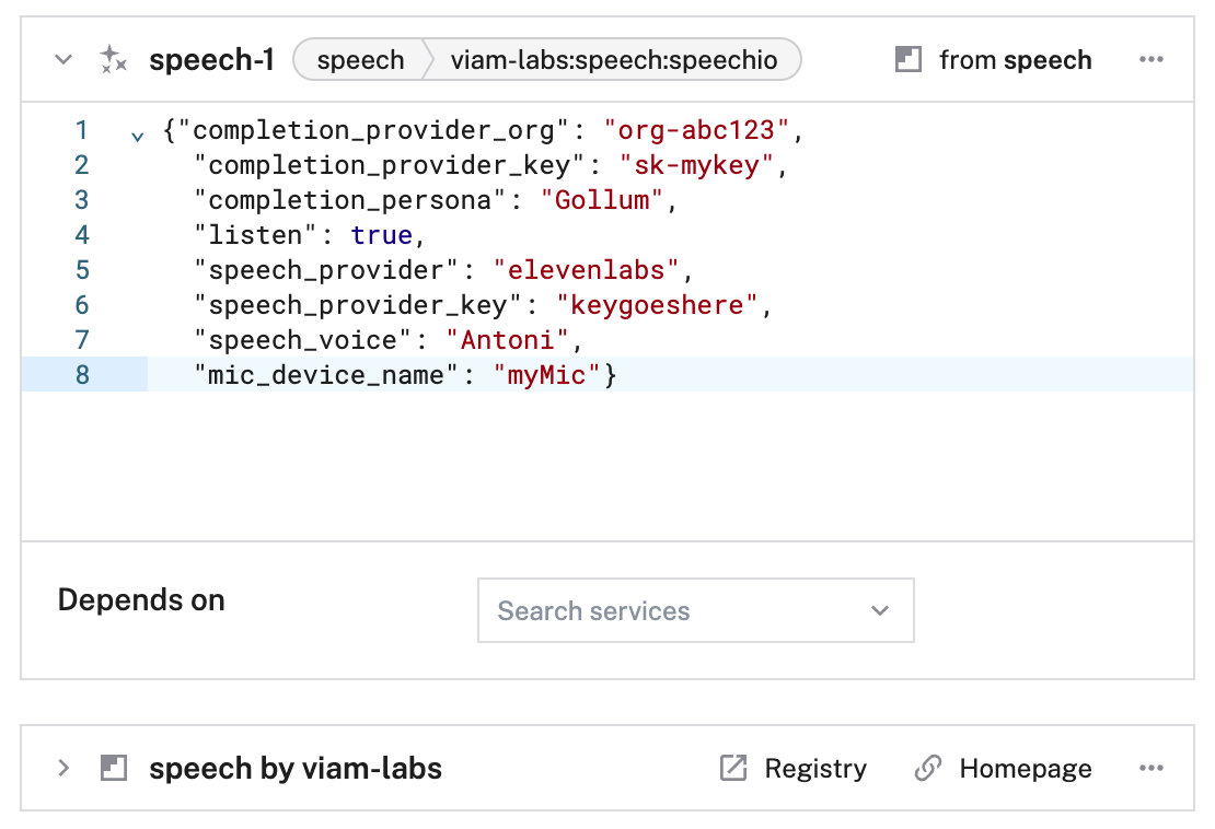 Add the speech module in the Viam config builder UI for services.