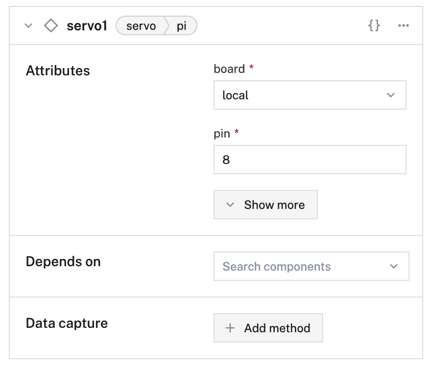 An example configuration for a pi servo with GPIO 8 and board 'local' in the Viam app Config Builder.